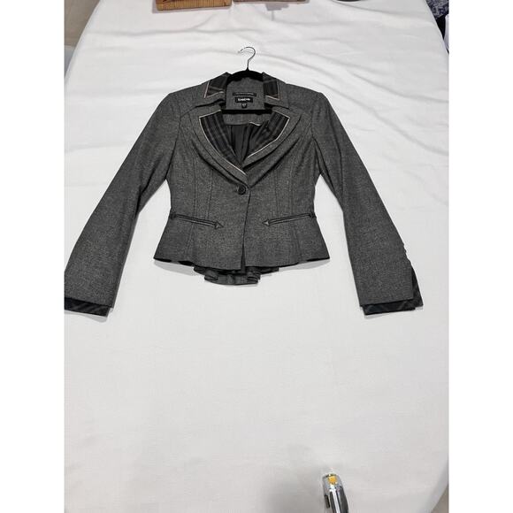 Bebe Jacket Womens 6 Charcoal Blazer 2 Button Tweed Texture Plaid Trim Peplum - Picture 8 of 16